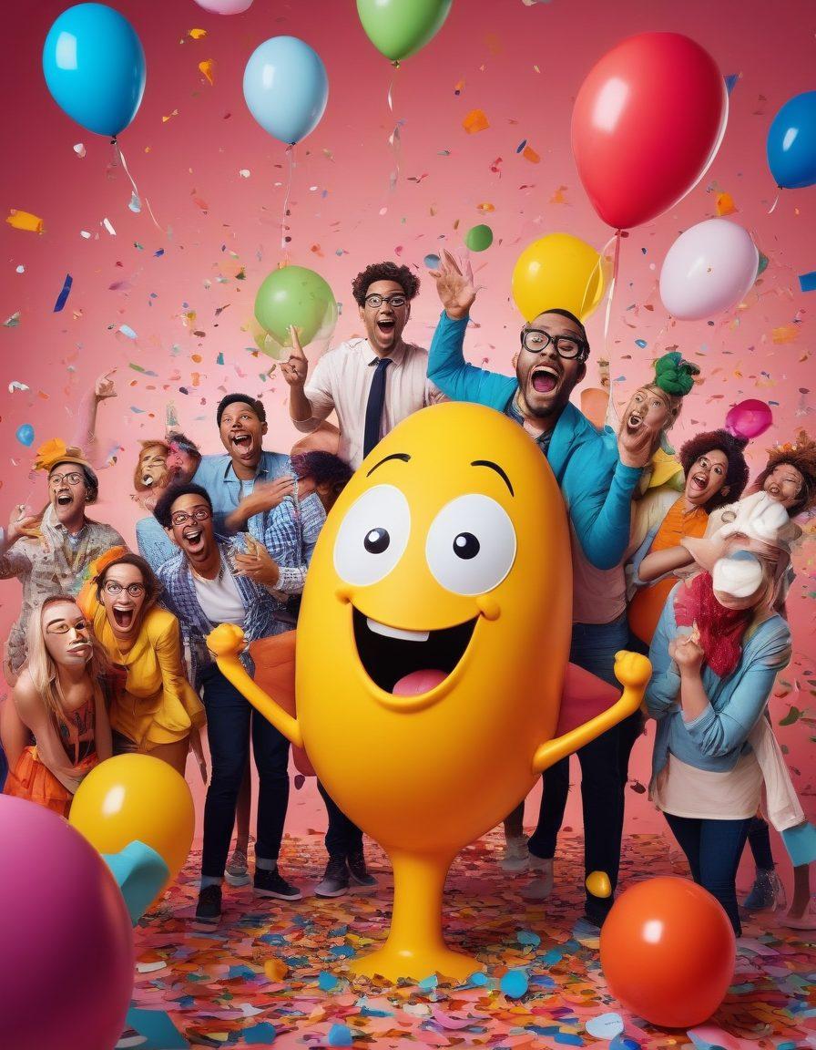 A whimsical scene featuring a diverse group of quirky characters laughing heartily while surrounded by oversized props like a giant microphone, a comedy mask, and a colorful notepad filled with jokes. The characters are in exaggerated poses, highlighting their humorous expressions. The background is filled with playful comic-style speech bubbles and cartoonish elements like confetti and laughter lines. The overall mood is vibrant and joyful. cartoon style. bright colors. playful elements.